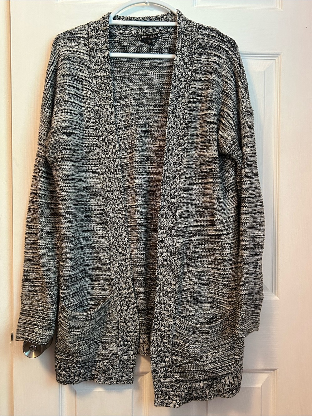Express Women's Black/White Marled Open Front Cardigan Sweater